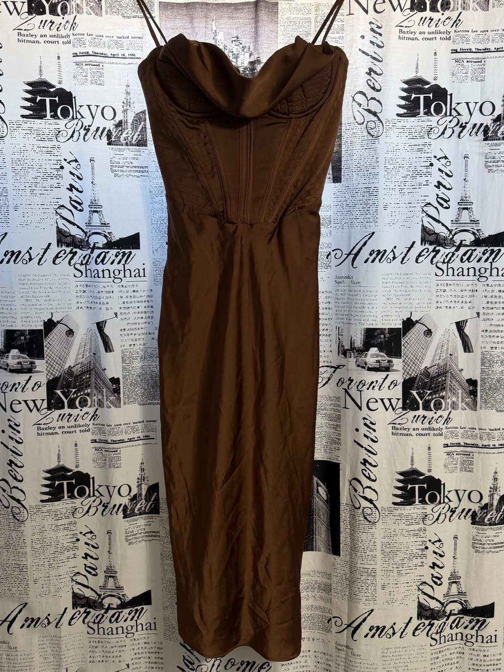 House of CB Brown Satin Cowl Midi Slip Dress MYRNA DRESS